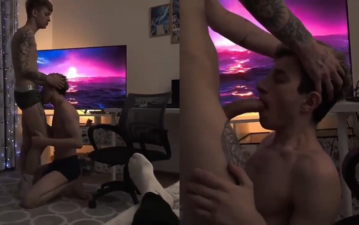 Twink feeds his bottom his cock before fucking him