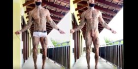 Tatted fitness instructor jump ropes naked